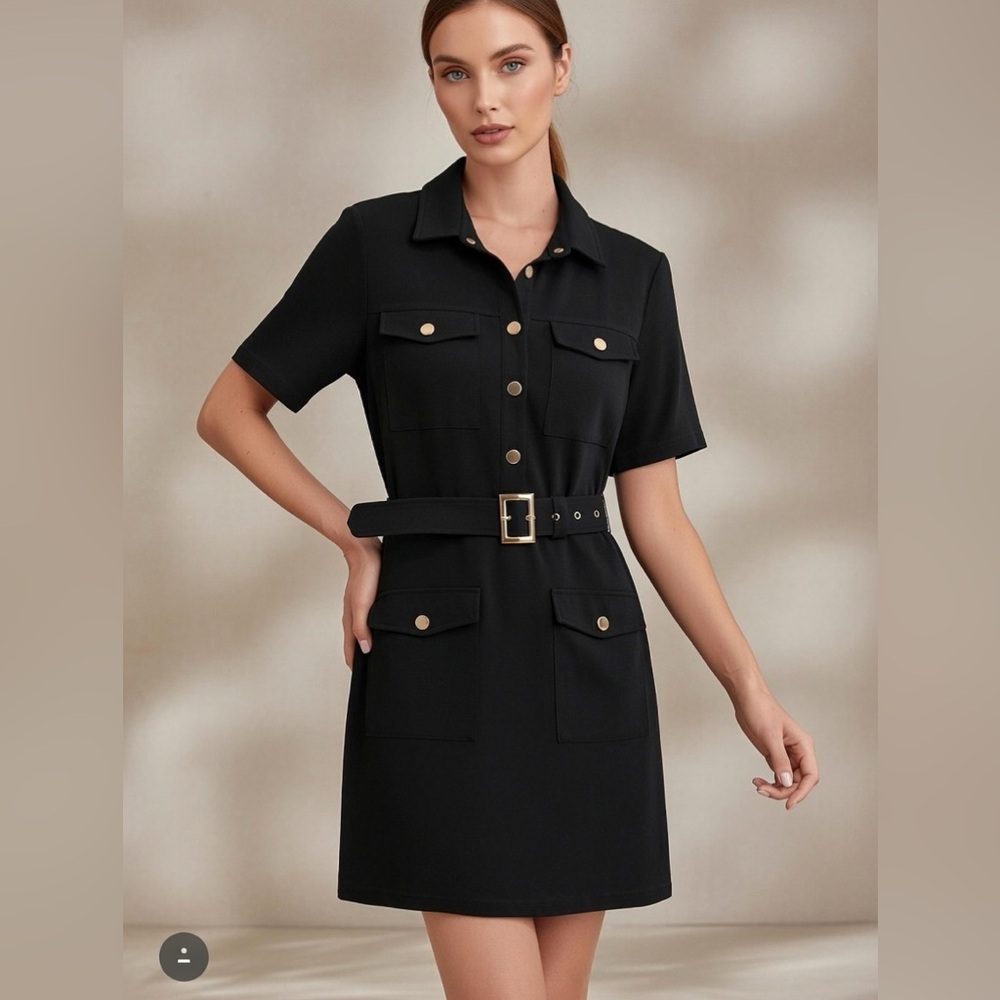 Karen Millen Black Safari Dress Belt & Gold Buttons Luxury Knit Fabric Military